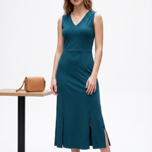 Vestido Midi Chá Com Aberturas Em Malha Crepe - Imagem 2